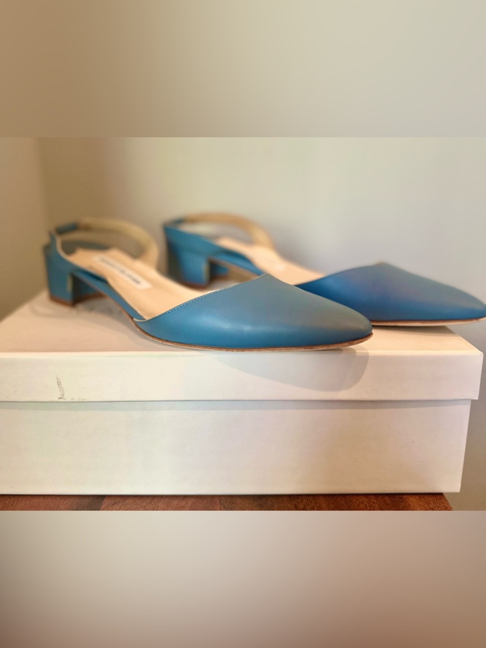 Manolo Blahnik Teal Blue Pointed Toe Slingback Flats